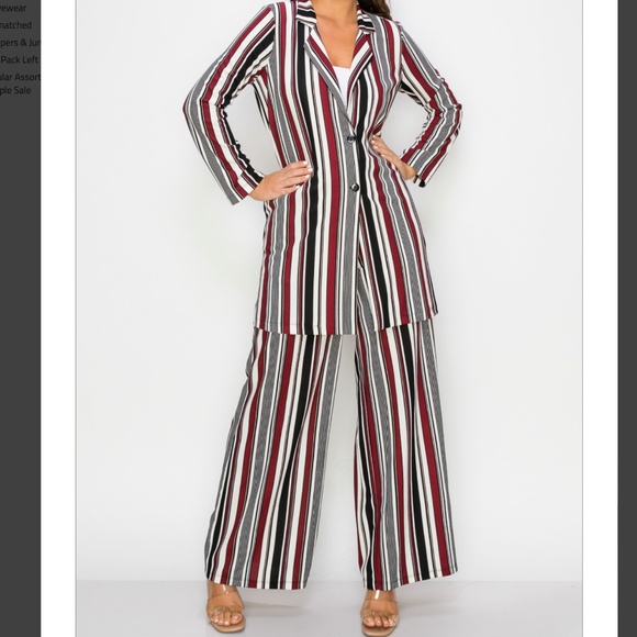 NWT Women's 2pc Stripe Collared Button Down Wide Leg Matching Suit Trend - Picture 3 of 4